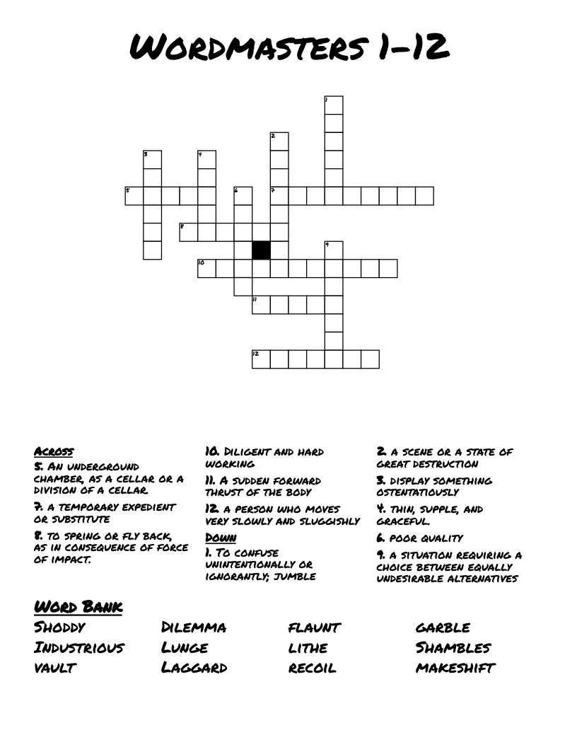 Wordmasters 1-12  Crossword