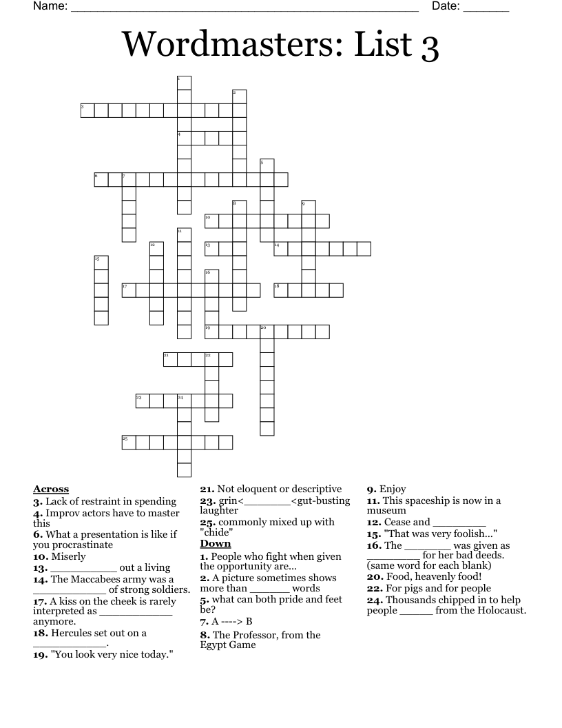 Wordmasters: List 3 Crossword