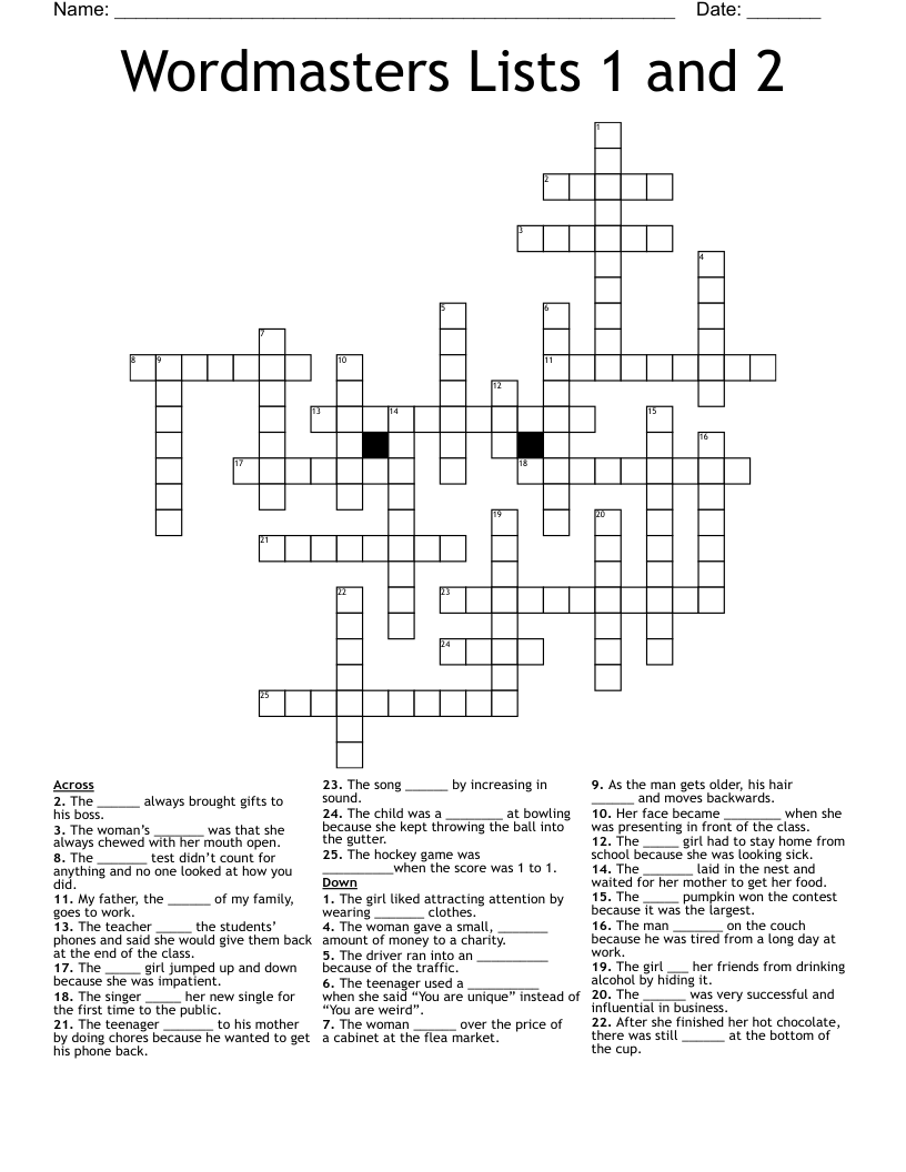 Wordmasters Lists 1 and 2 Crossword