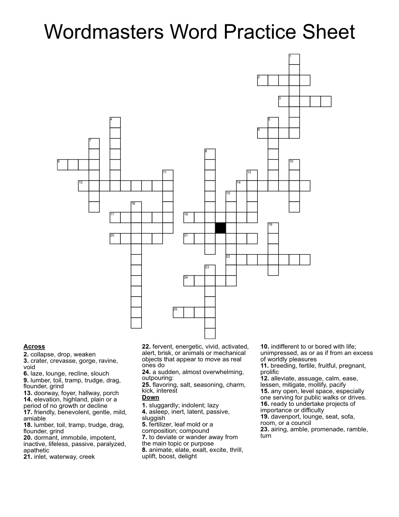Wordmasters Word Practice Sheet  Crossword