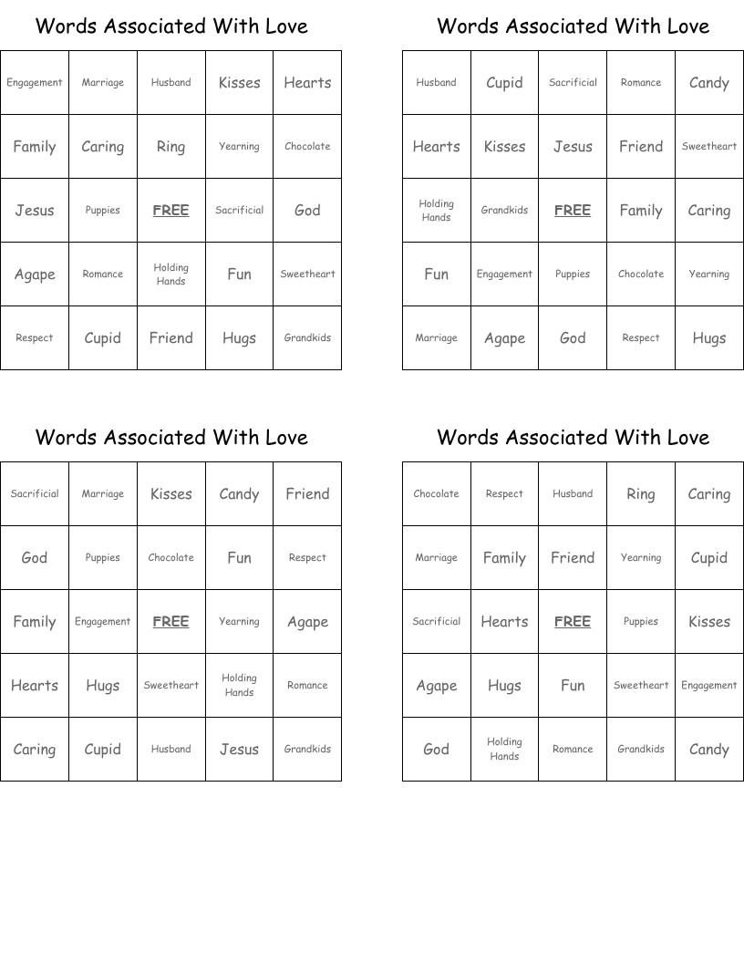 Words Associated With Love Bingo Cards