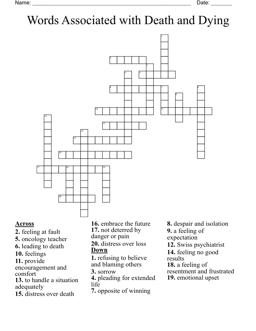 Words Associated with Death and Dying Crossword