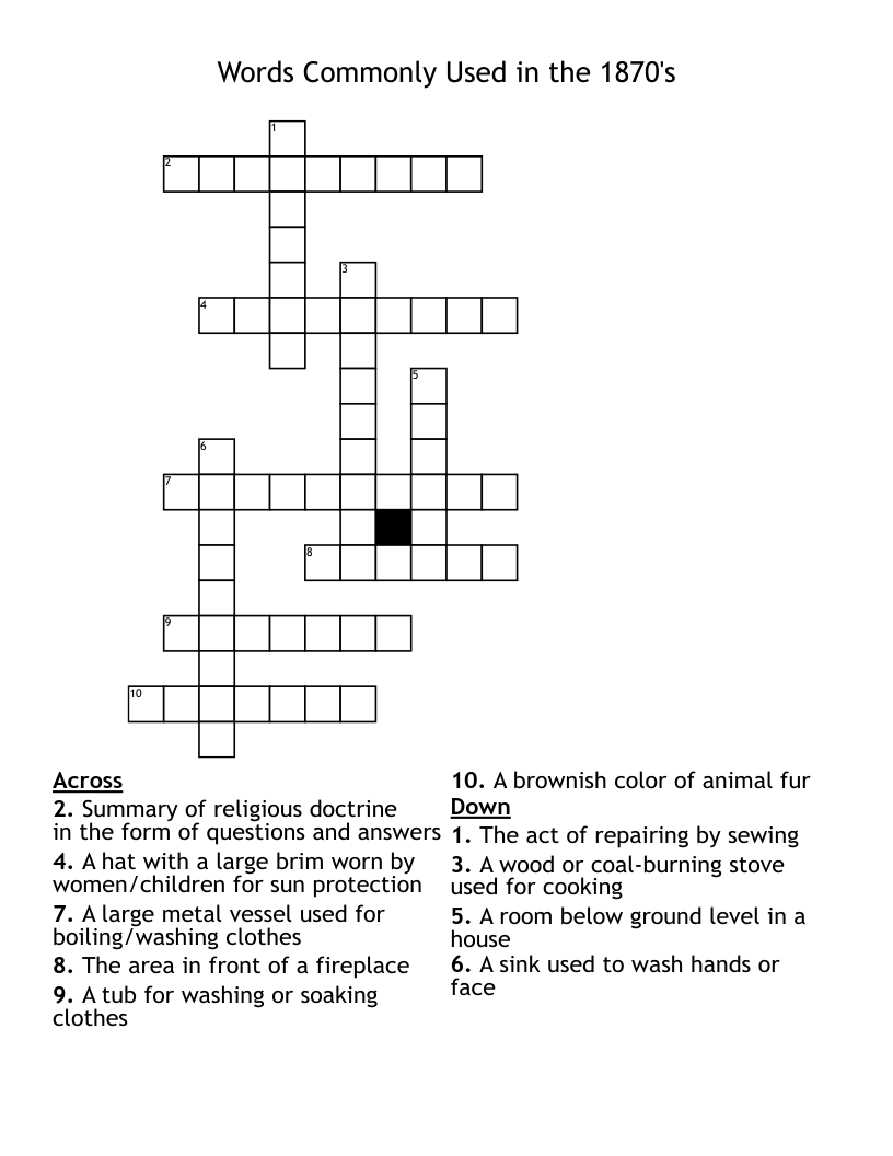 Words Commonly Used in the 1870's                              Crossword