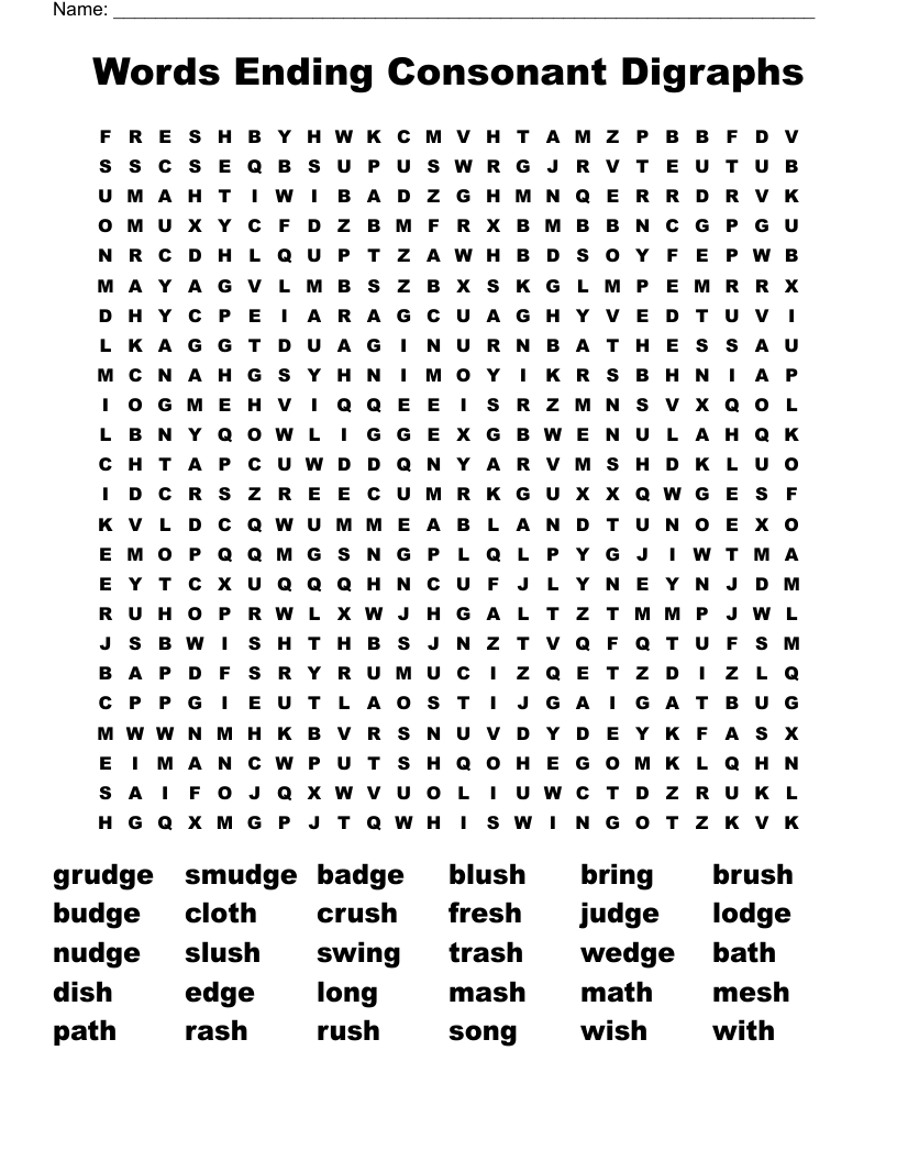 Words Ending Consonant Digraphs Word Search