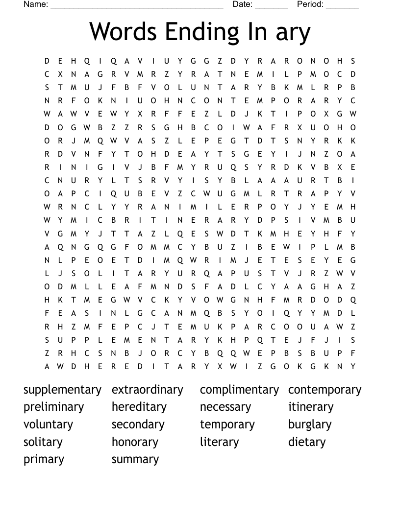 Words Ending In ary Word Search