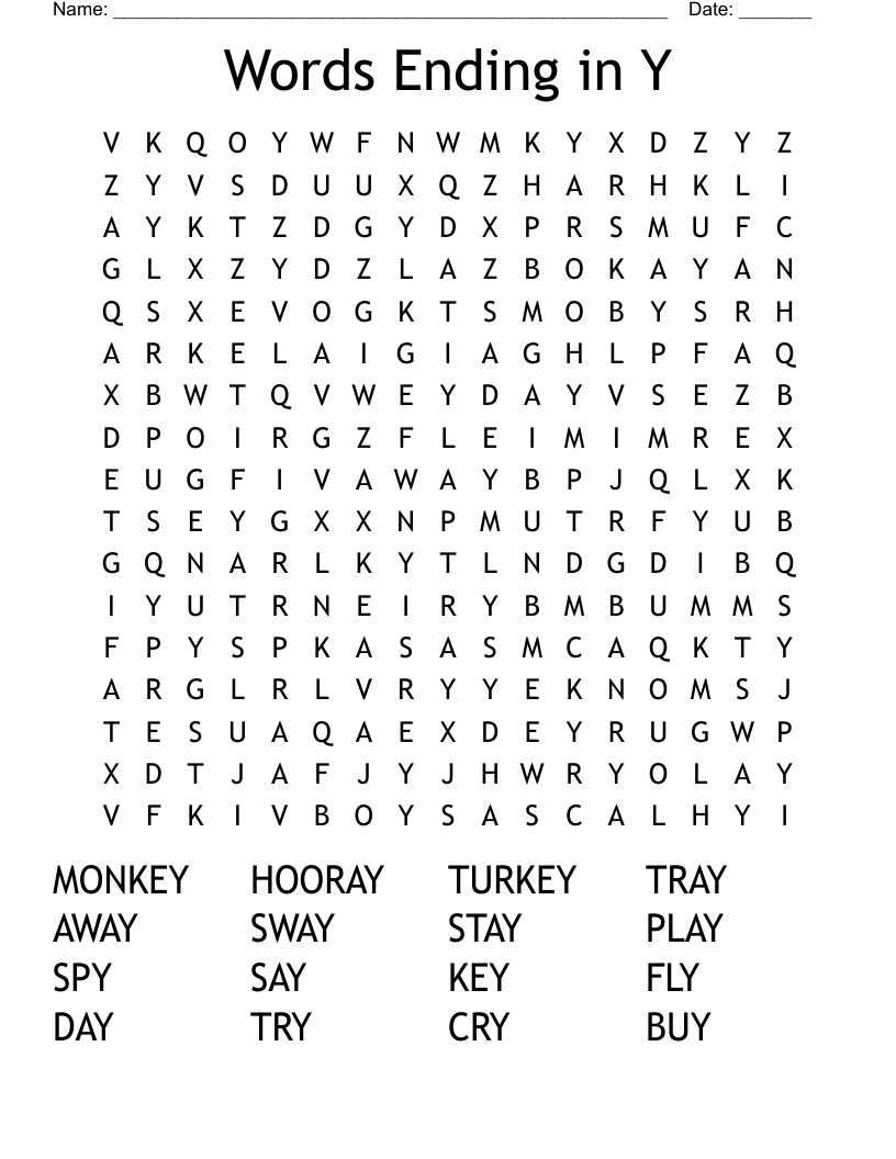 Words Ending in Y Word Search