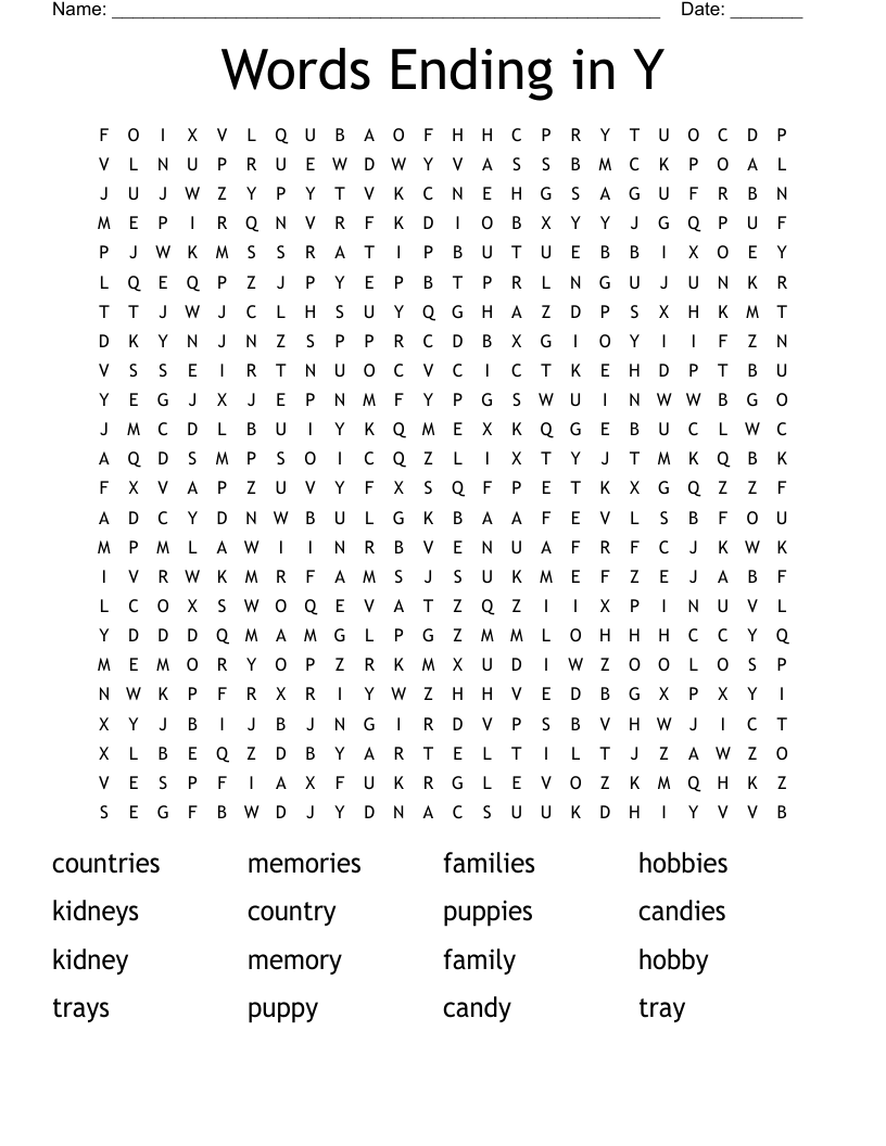 Words Ending in Y Word Search