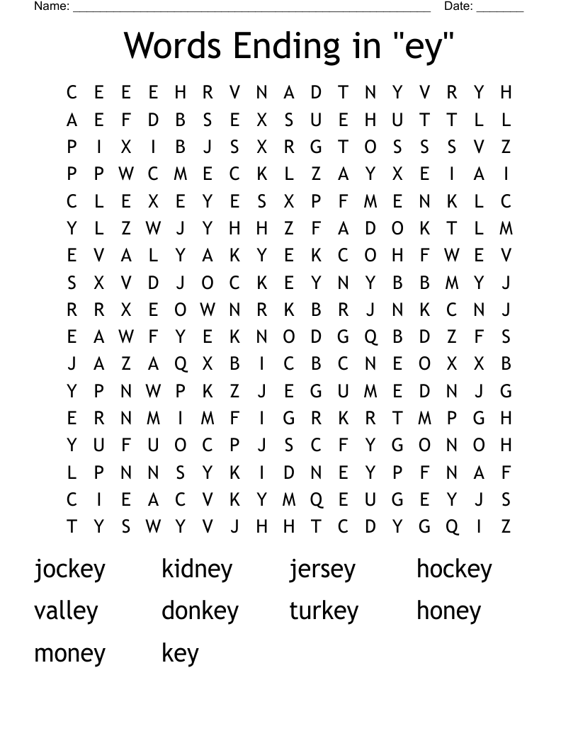 Words Ending in "ey" Word Search
