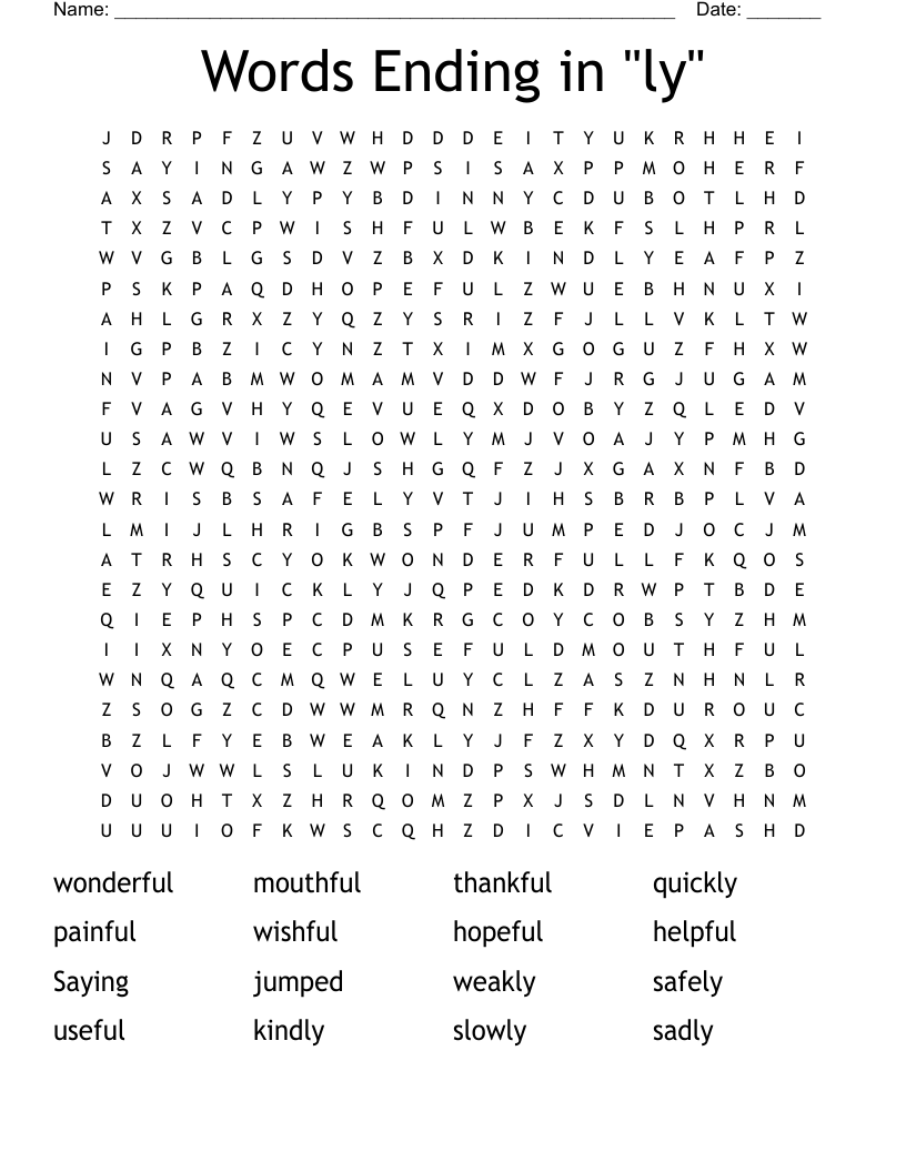 Words Ending in "ly" Word Search
