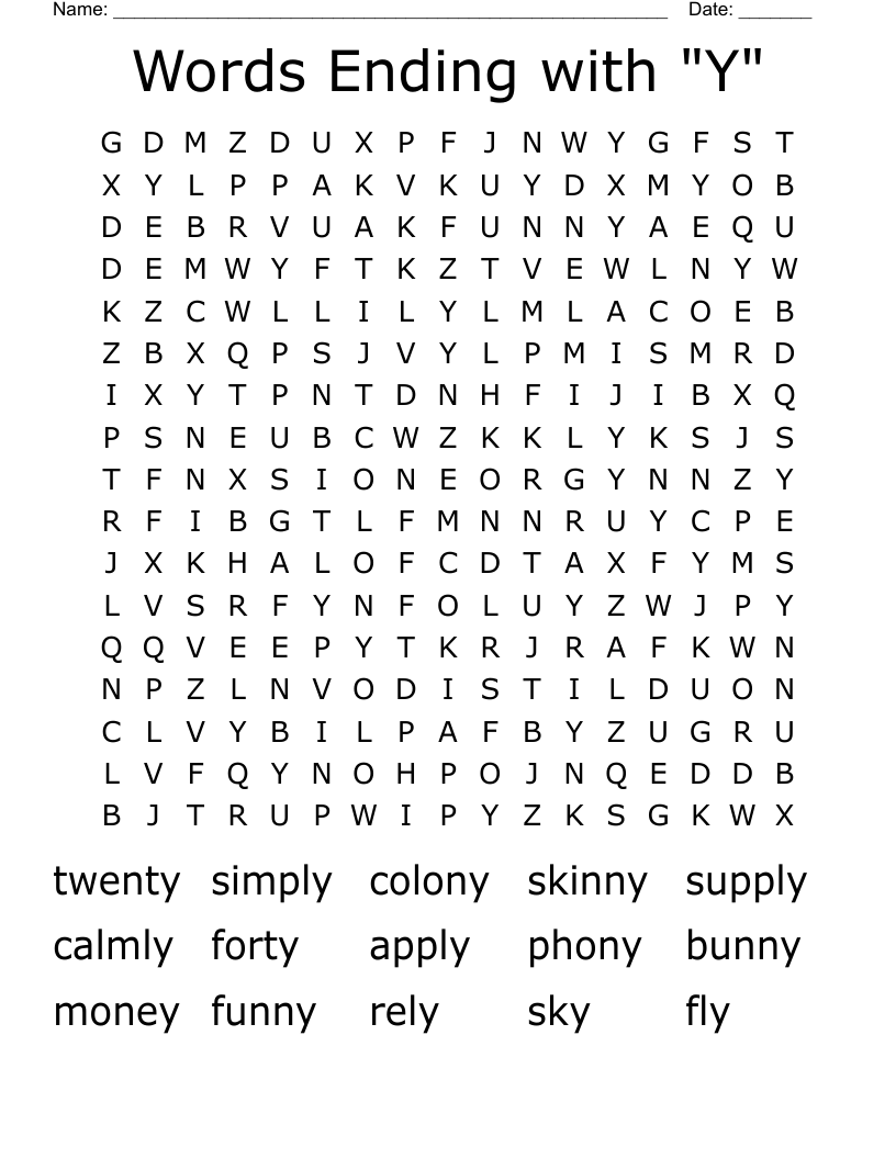 Words Ending with "Y" Word Search