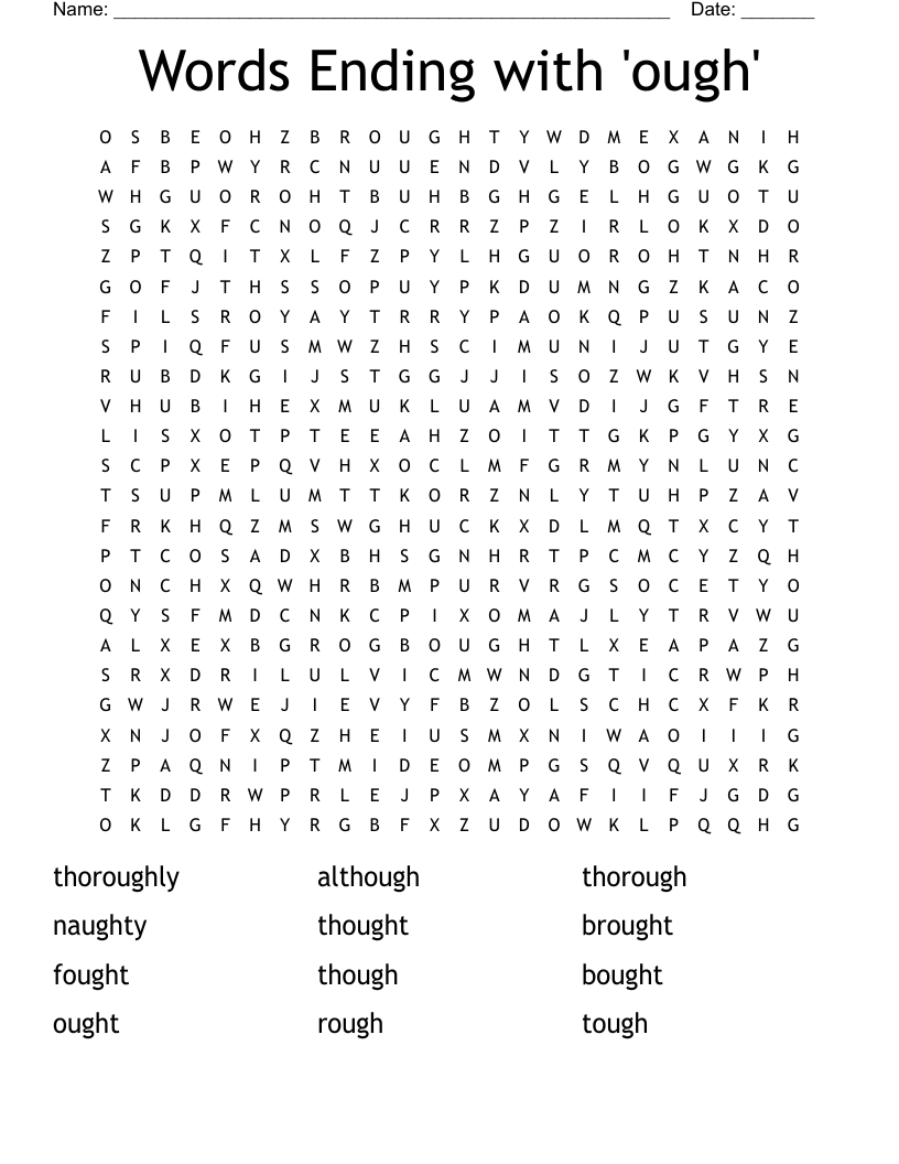 Words Ending with 'ough' Word Search