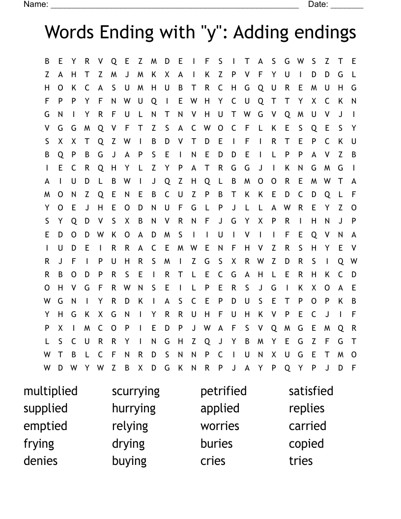 Words Ending with "y":  Adding endings Word Search