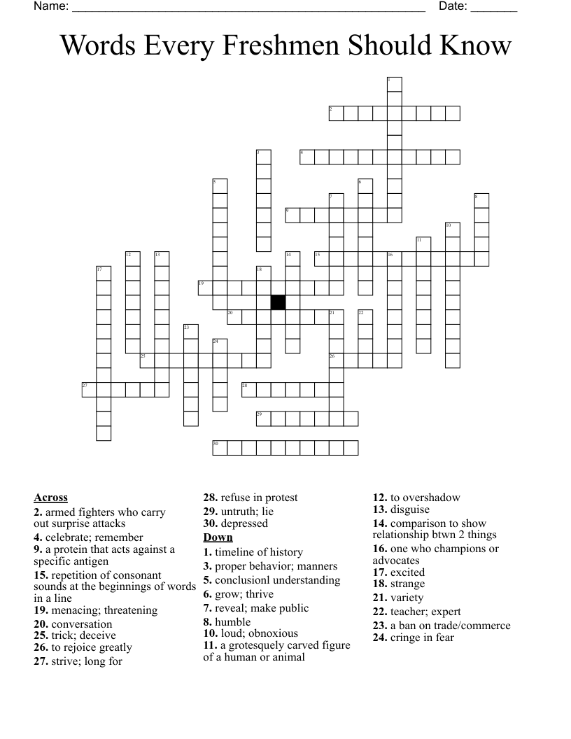 Words Every Freshmen Should Know Crossword