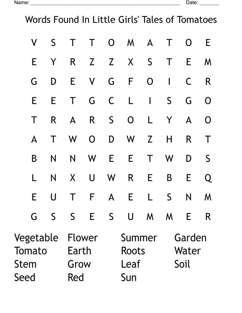 Words Found In Little Girls' Tales of Tomatoes Word Search