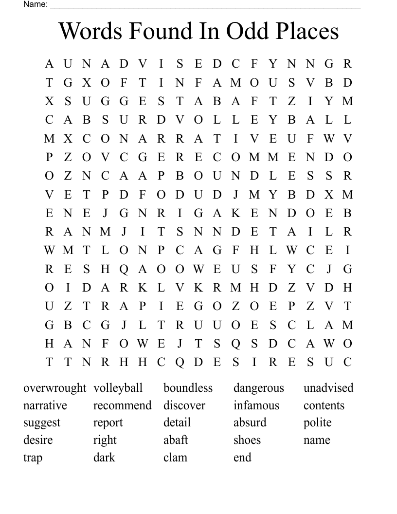Words Found In Odd Places Word Search