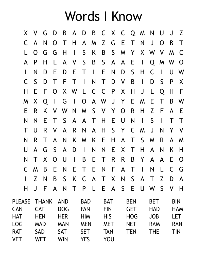 Words I Know Word Search