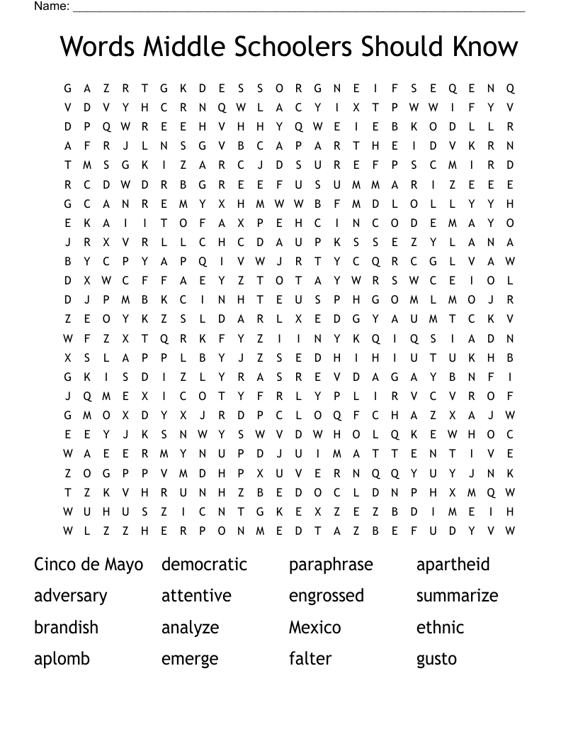 Words Middle Schoolers Should Know Word Search