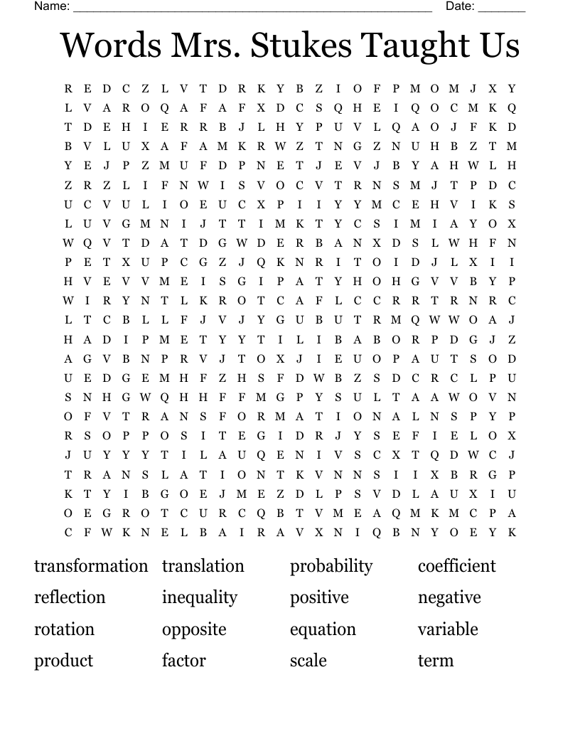 Words Mrs. Stukes Taught Us Word Search