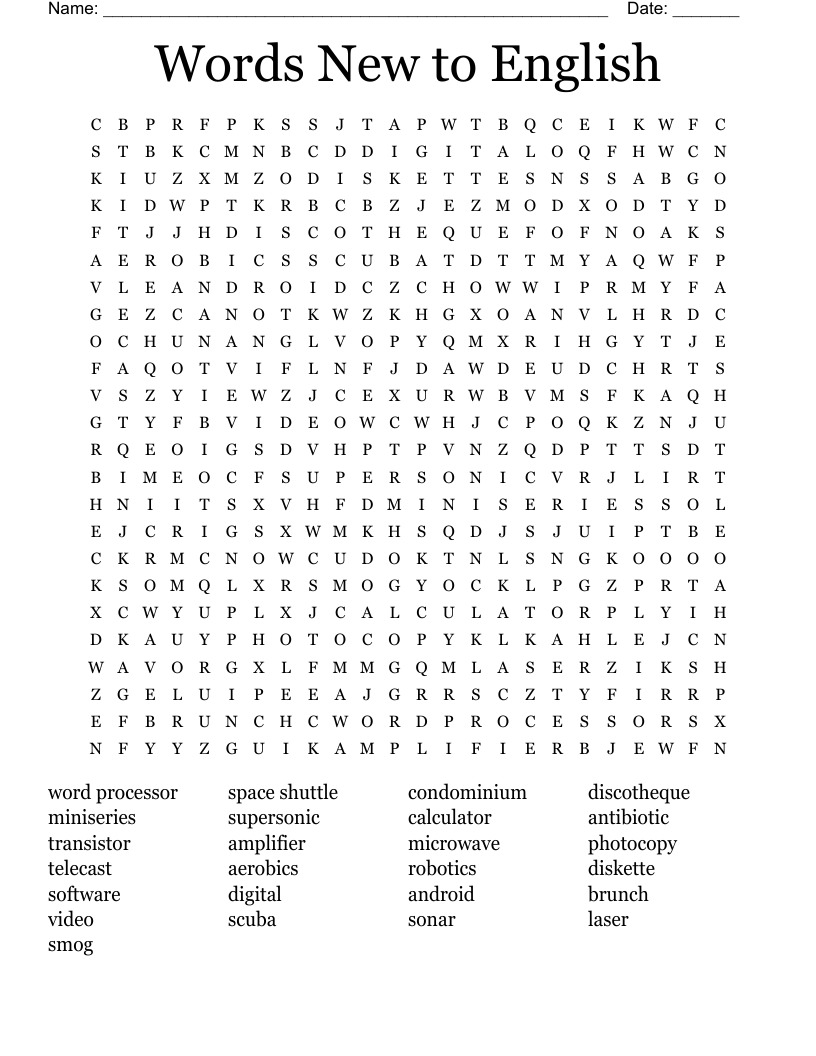 Words New to English Word Search