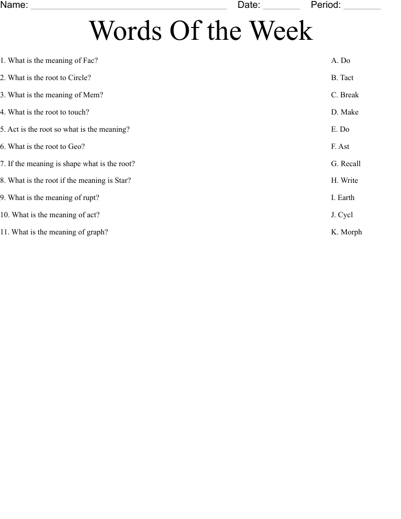 Words Of the Week Worksheet