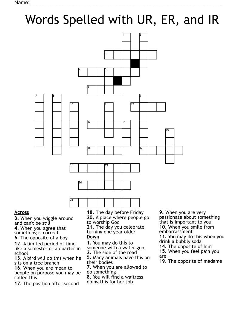 Words Spelled with UR, ER, and IR Crossword