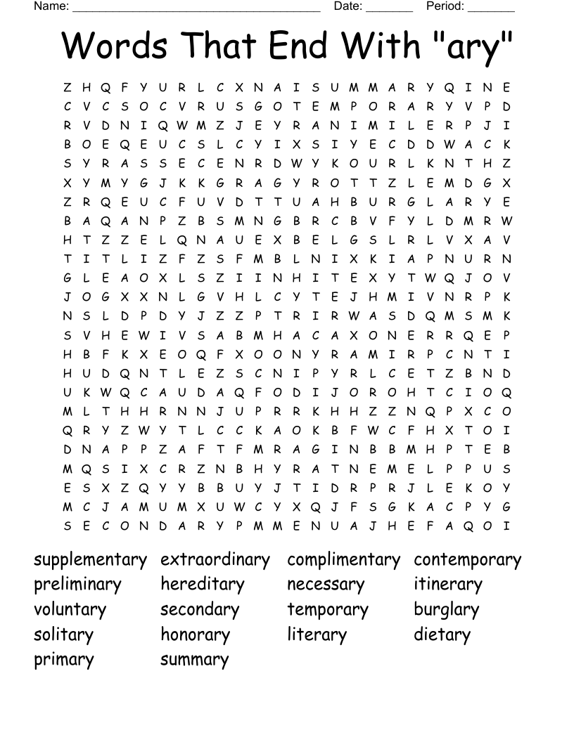 Words That End With "ary" Word Search