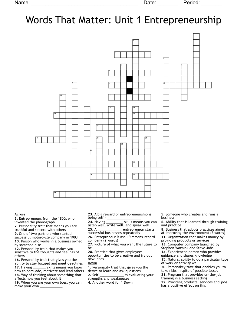 Words That Matter: Unit 1 Entrepreneurship Crossword