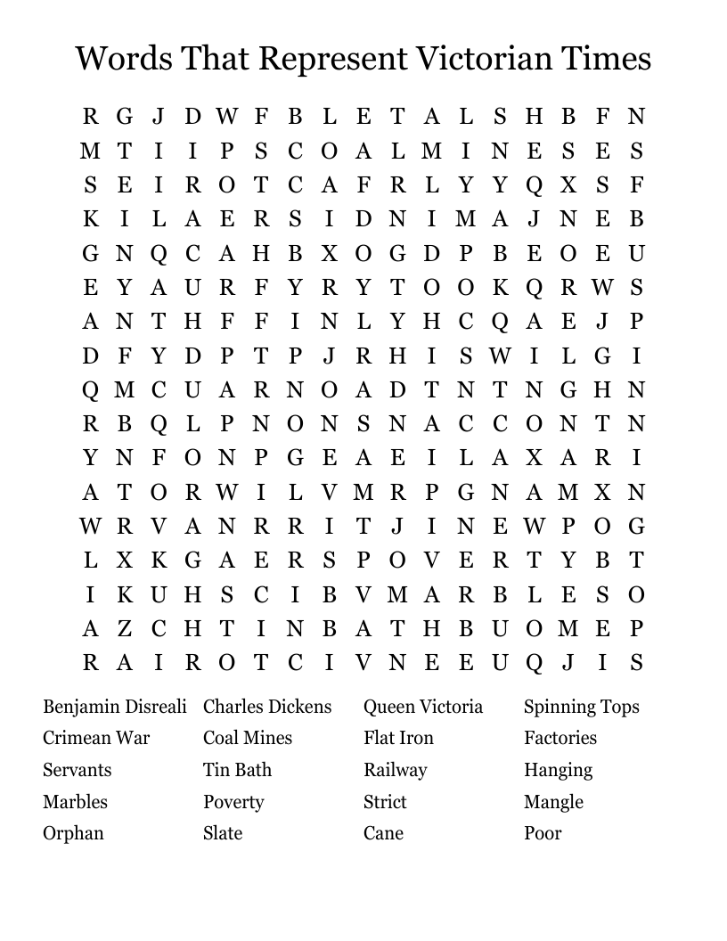 Words That Represent Victorian Times Word Search