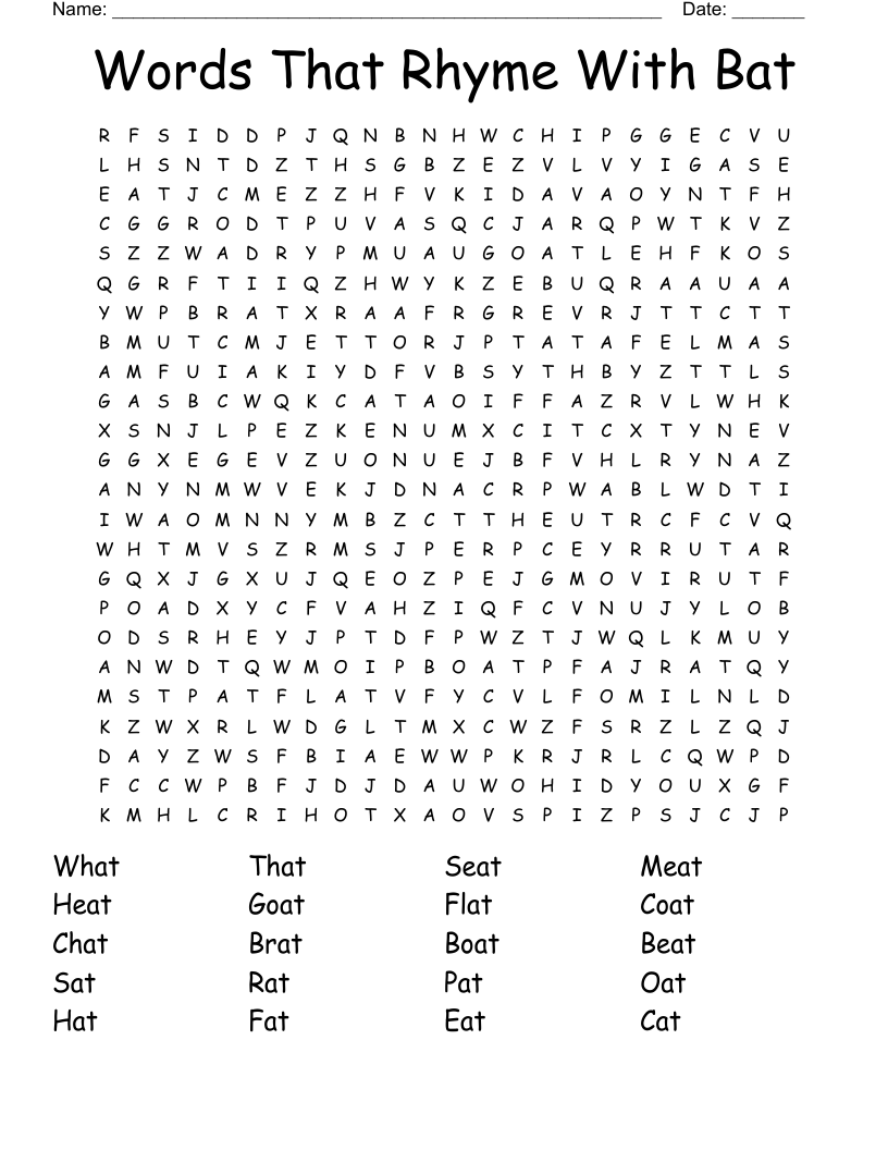 Words That Rhyme With Bat Word Search
