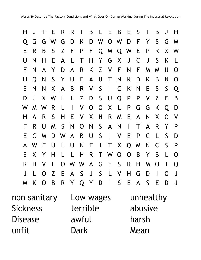 Words To Describe The Factory Conditions and What Goes On During Working During The Industrial Revolution Word Search