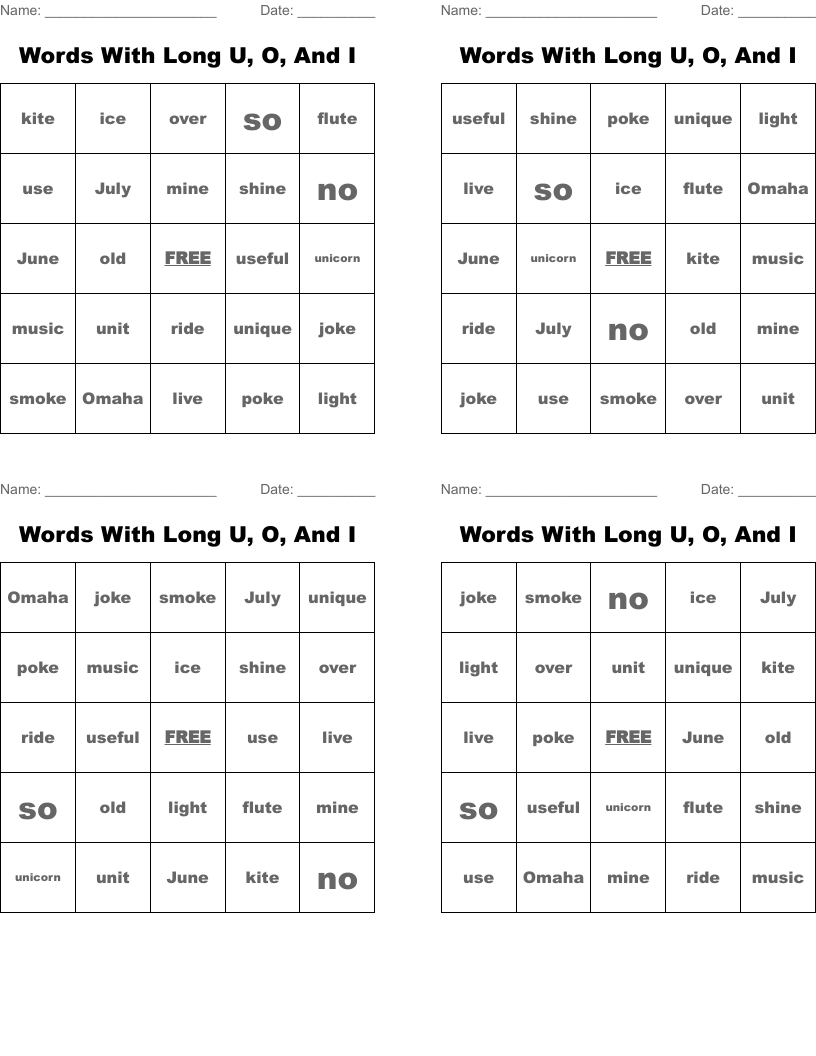Words With Long U, O, And I Bingo Cards