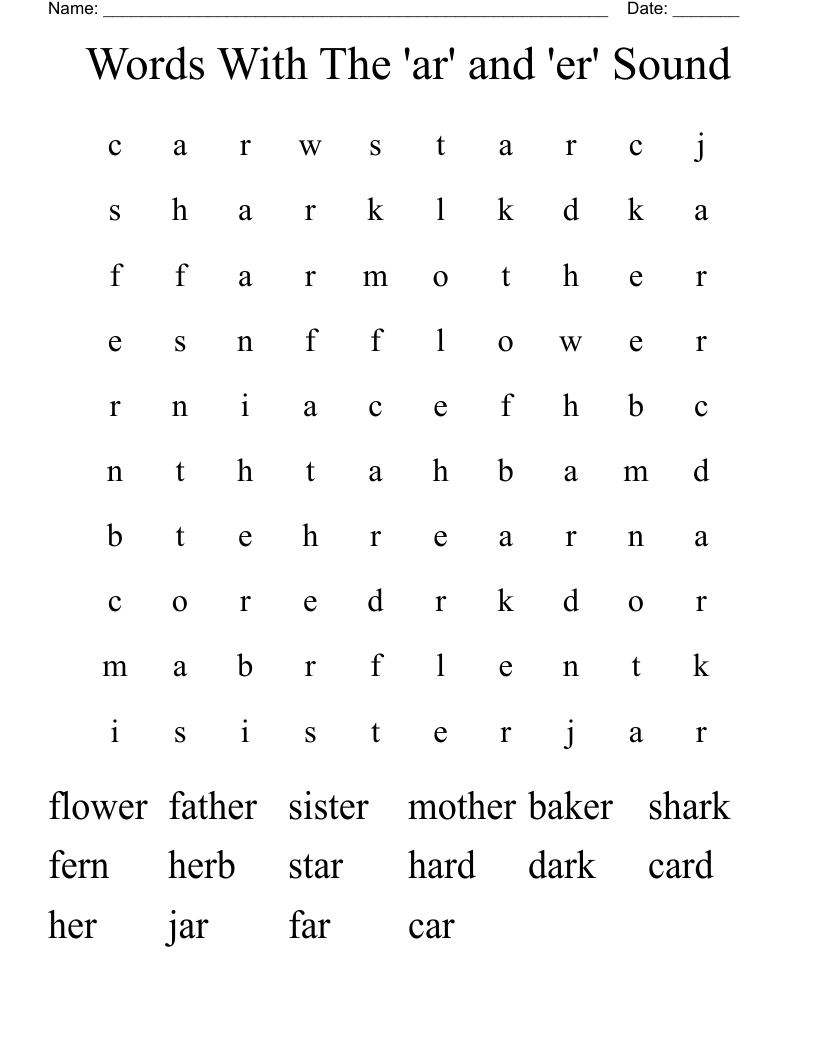 Words With The 'ar' and 'er' Sound Word Search
