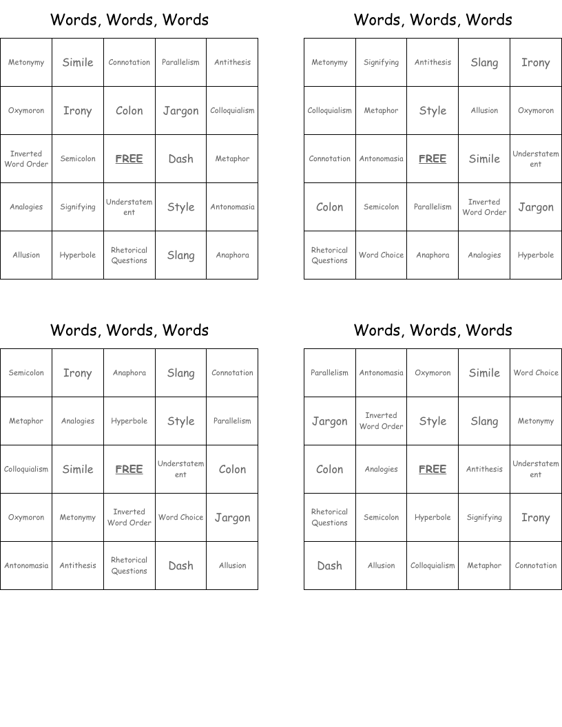 Words, Words, Words Bingo Cards