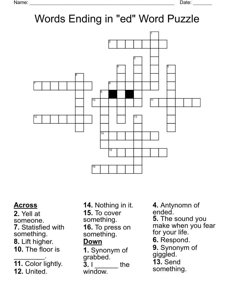 Words  Ending  in  "ed"   Word   Puzzle Crossword