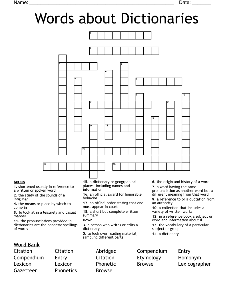 Words about Dictionaries Crossword