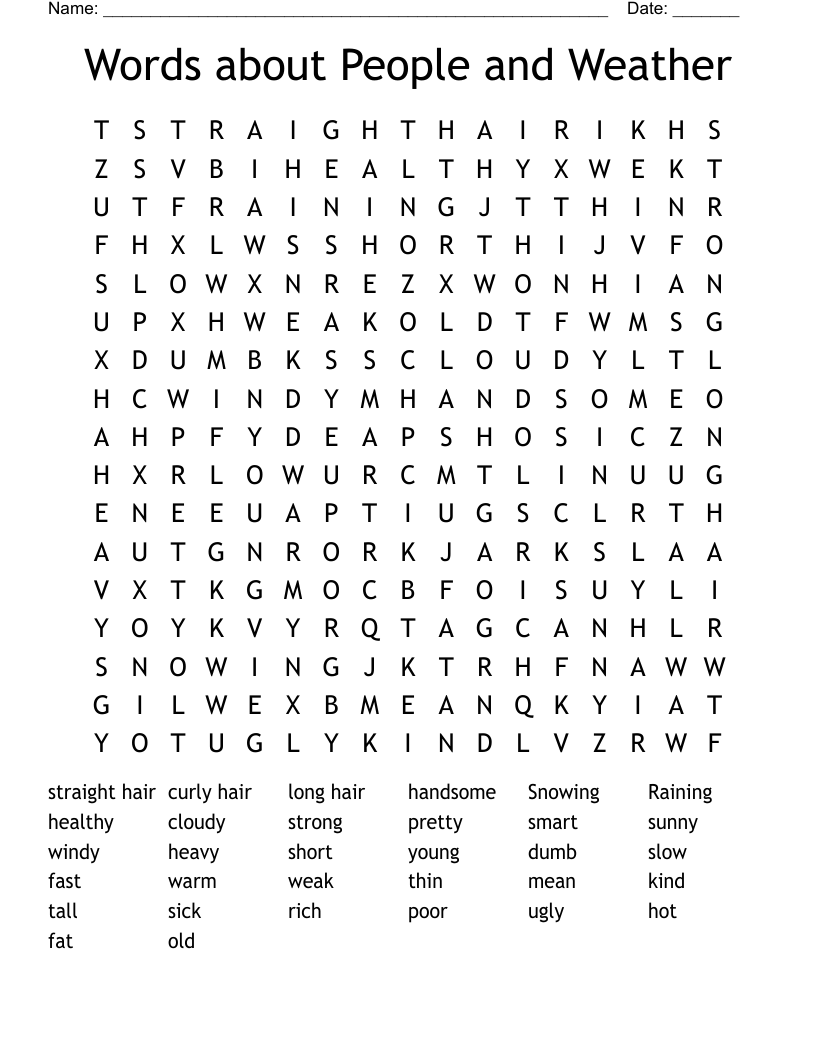 Words about People and Weather Word Search