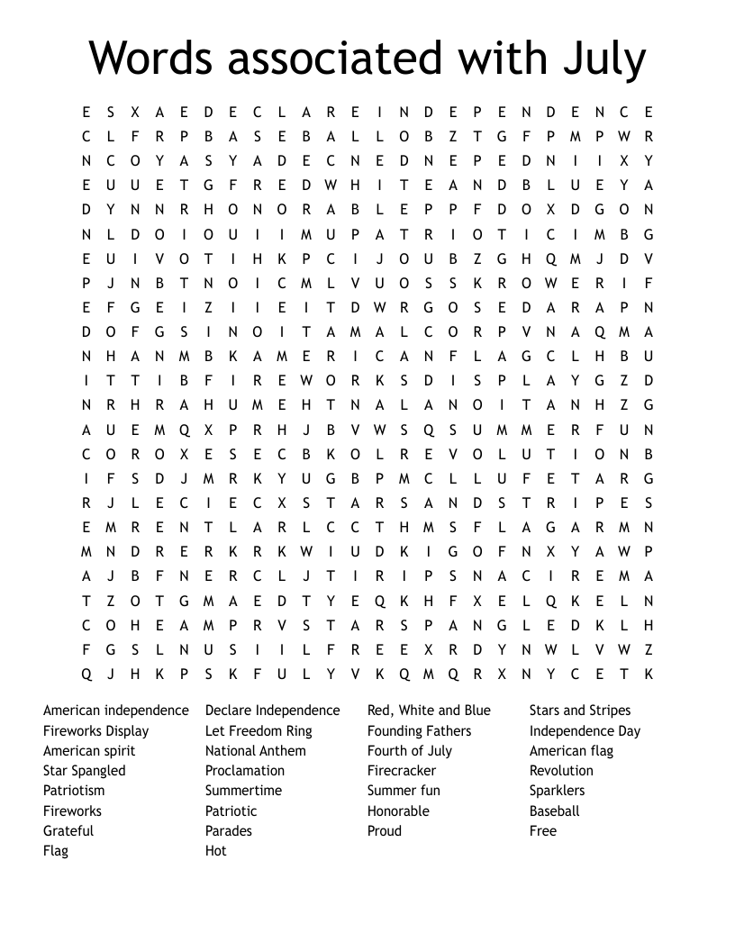 Words associated with July Word Search