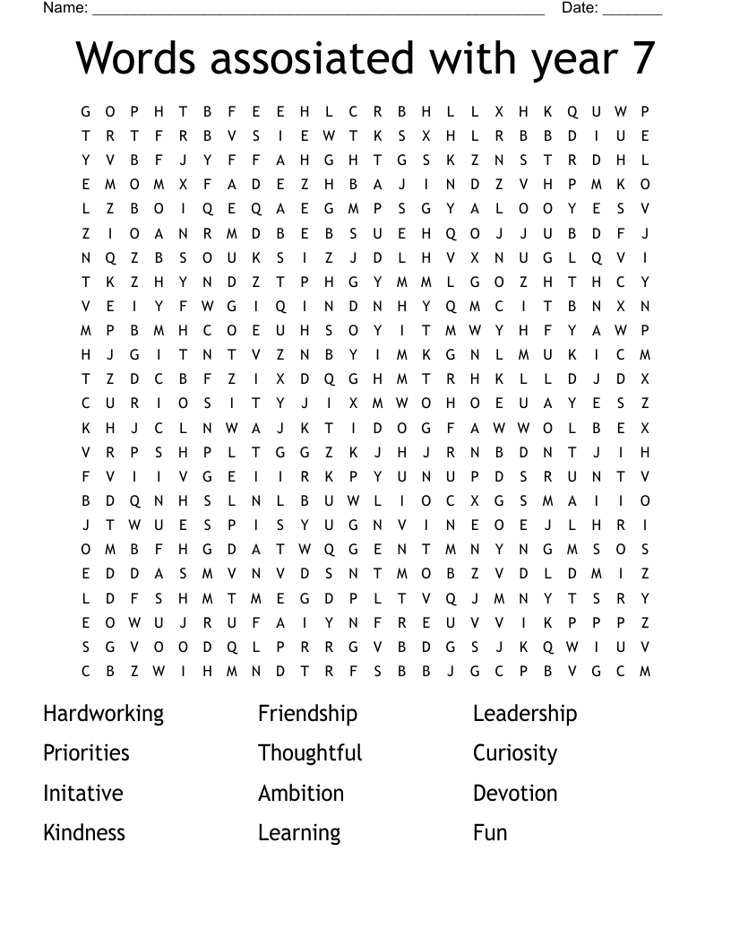 Words assosiated with year 7 Word Search