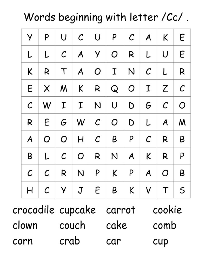 Words beginning  with letter /Cc/ . Word Search