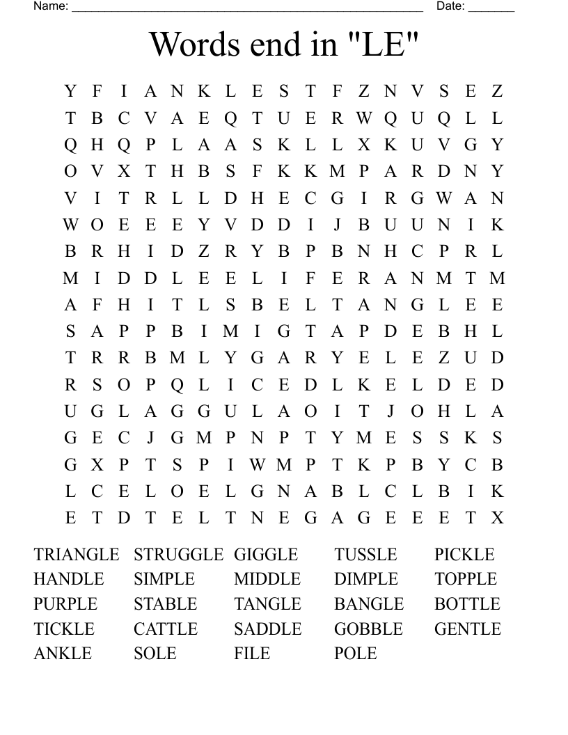 Words end in "LE" Word Search