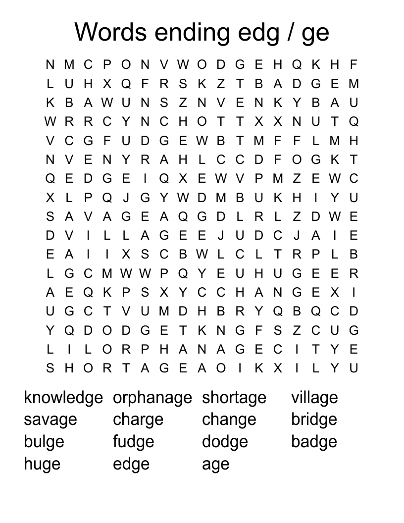 Words ending edg / ge Word Search