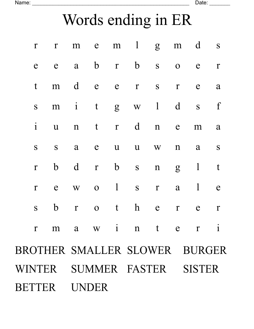 Words ending in ER Word Search