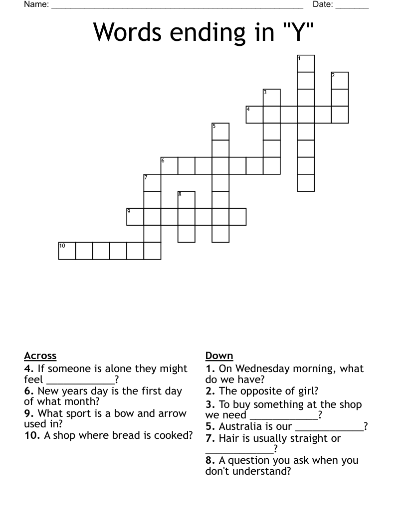 Words ending in "Y" Crossword