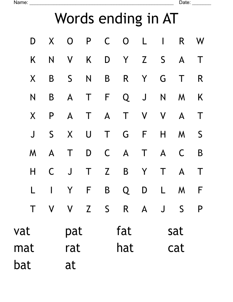 Words ending in  AT Word Search