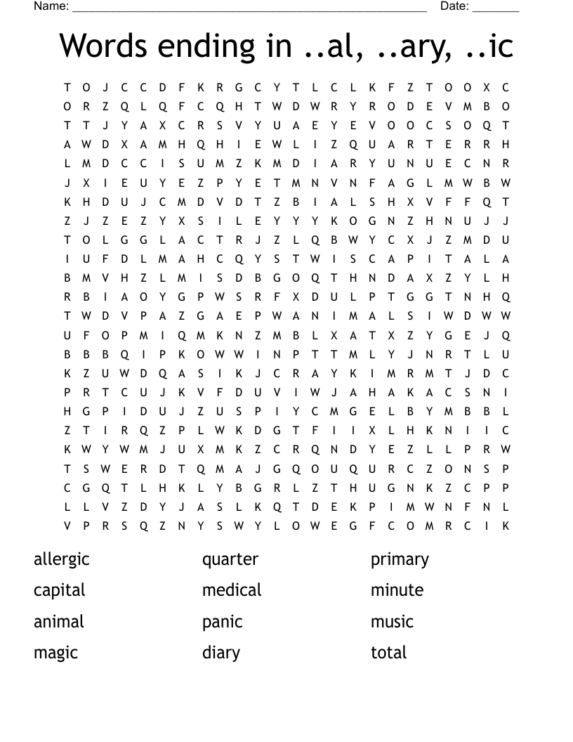 Words ending in ..al, ..ary, ..ic Word Search