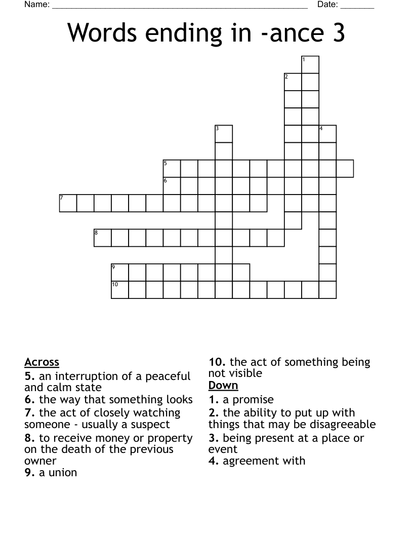 Words ending in -ance 3 Crossword
