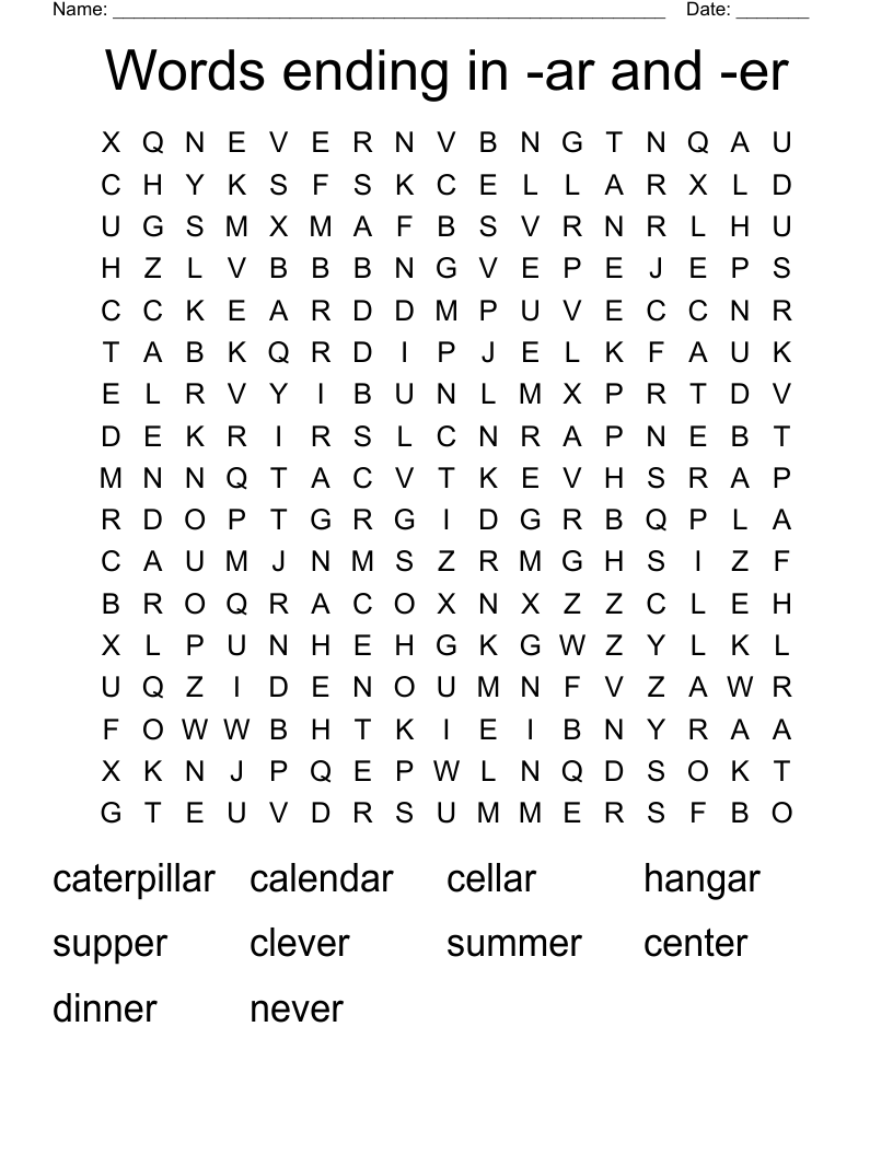 Words ending in -ar and -er Word Search