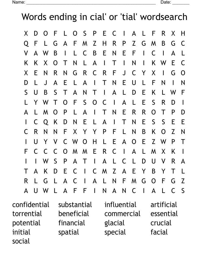 Words ending in cial' or 'tial' wordsearch
