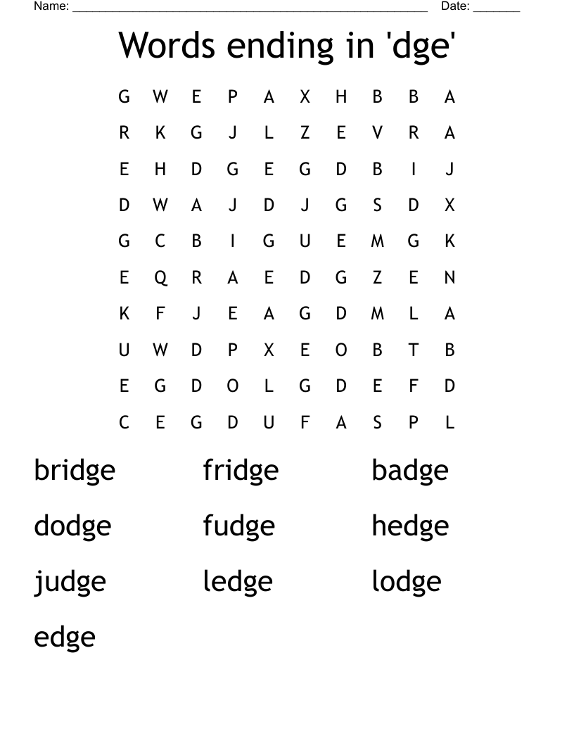 Words ending in 'dge' Word Search