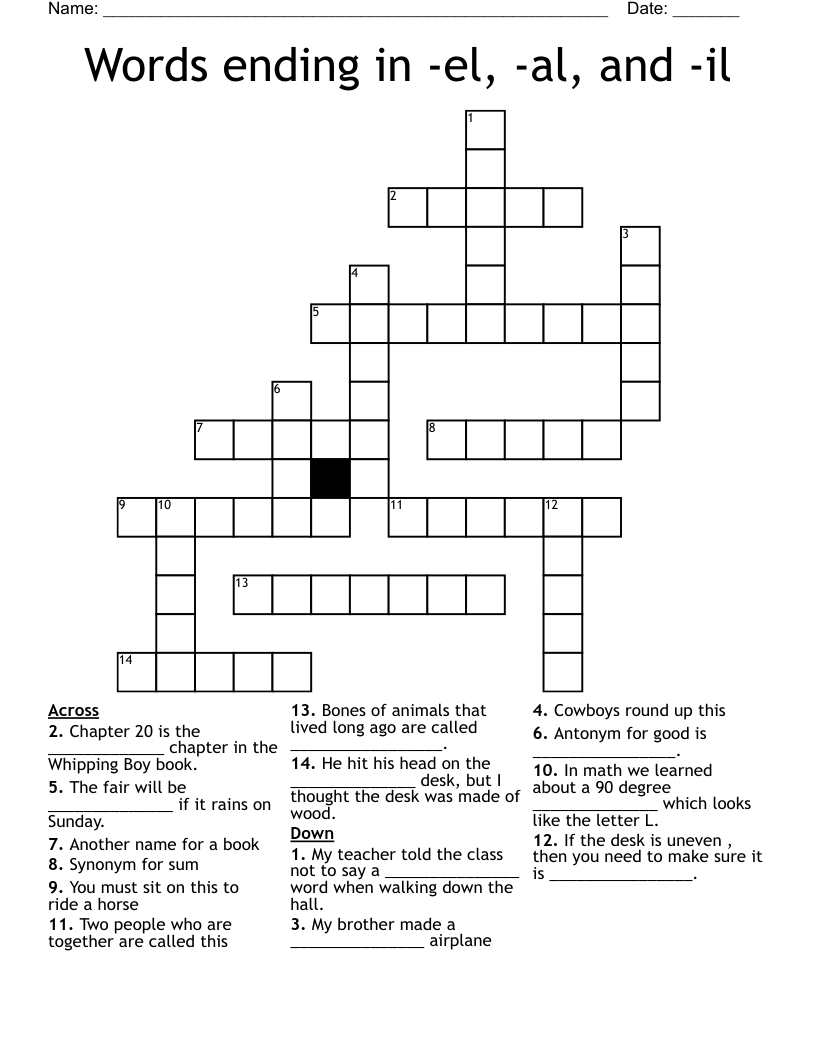 Words ending in -el, -al, and -il Crossword